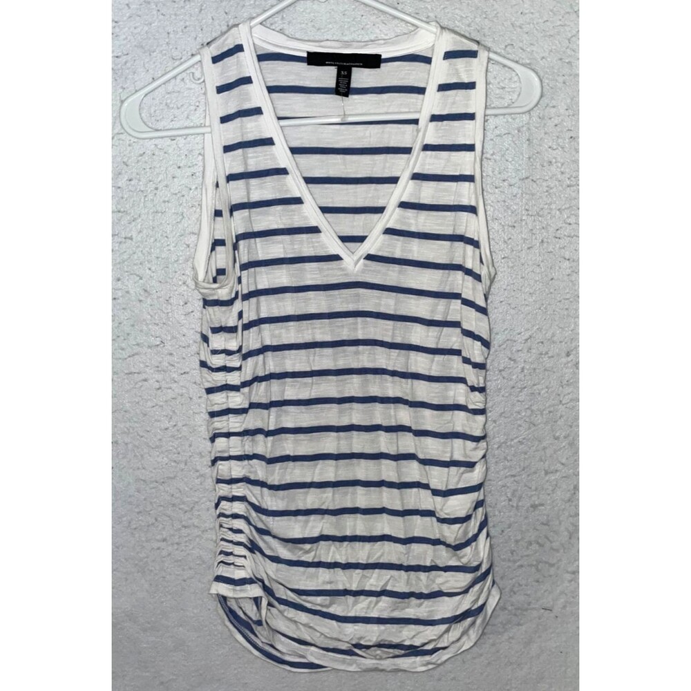 WHITE HOUSE BLACK MARKET blue striped tank tee knit top V-neck XS ruched rayon